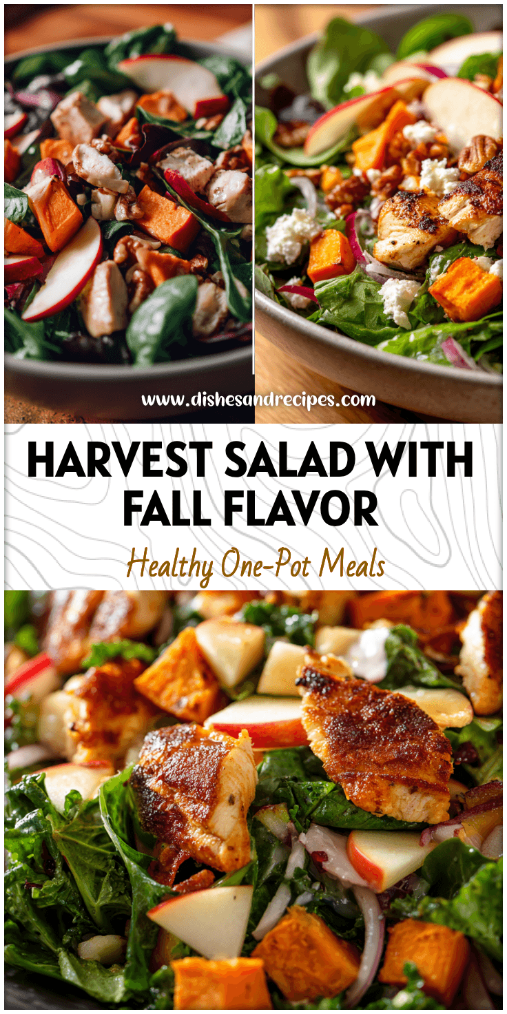 Colorful Chicken & Apple Harvest Salad with sweet potatoes, greens, and apples served as a Fall Dinner Salad.